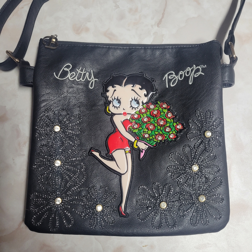 Betty Boop Black Crossbody Purse NWOT Rhinestone Floral 3 Pocket Zipper Bag